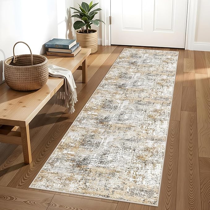2x8 Washable Non-Slip Hallway Runner Rug – Modern Abstract Soft Carpet Runner for Kitchen, Bedroom with Rubber Backing – Low-Pile Thin Stain-Resistant Rug for Bathroom,Laundry Room,Entryway（Gold Grey）