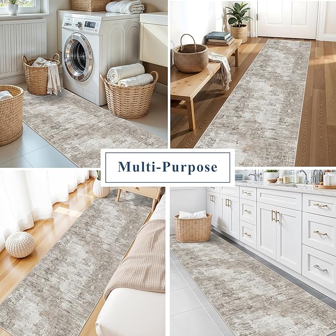 2x12 ft Long Hallway Runner Rug - Non-Slip Washable Soft Carpet Runners for Kitchen Hall Entryway Bathroom, Modern Abstract Neutral Low Pile Thin Stain-Resistant Floor Runner with Rubber Backing