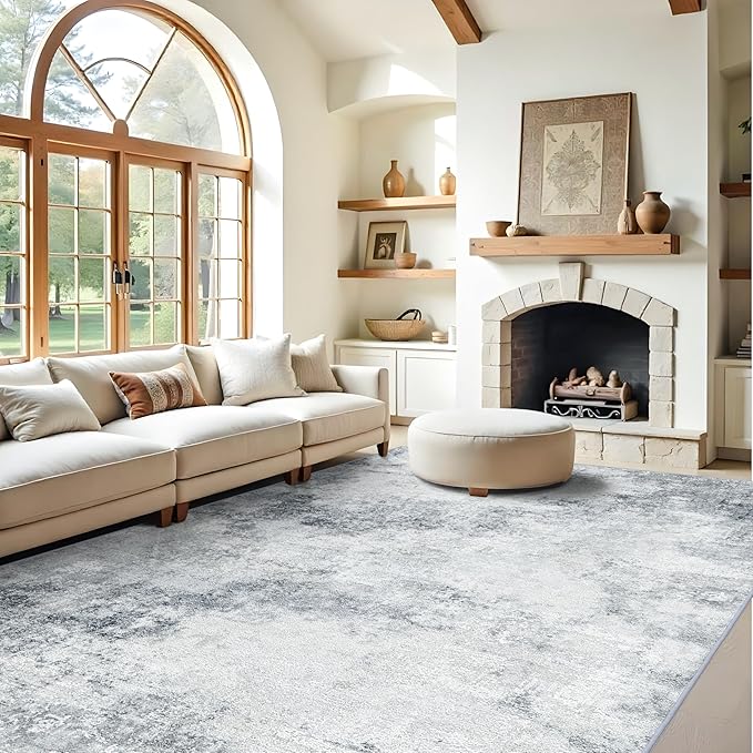 RUUGME Abstract Area Rug 9x12 - Large Machine Washable Rugs for Living Room Non-Slip Low Pile Carpets for Bedroom Ultra Thin Stain Resistant Rome Decor Floor Mat for Dining Room 9x12 Grey Black White