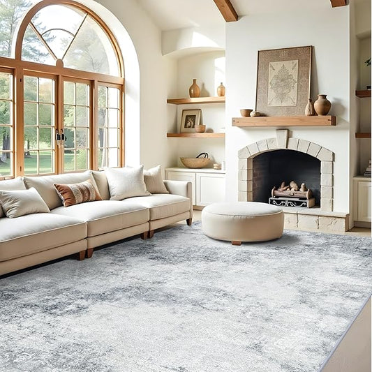RUUGME Abstract Area Rug 9x12 - Large Machine Washable Rugs for Living Room Non-Slip Low Pile Carpets for Bedroom Ultra Thin Stain Resistant Rome Decor Floor Mat for Dining Room 9x12 Grey Black White