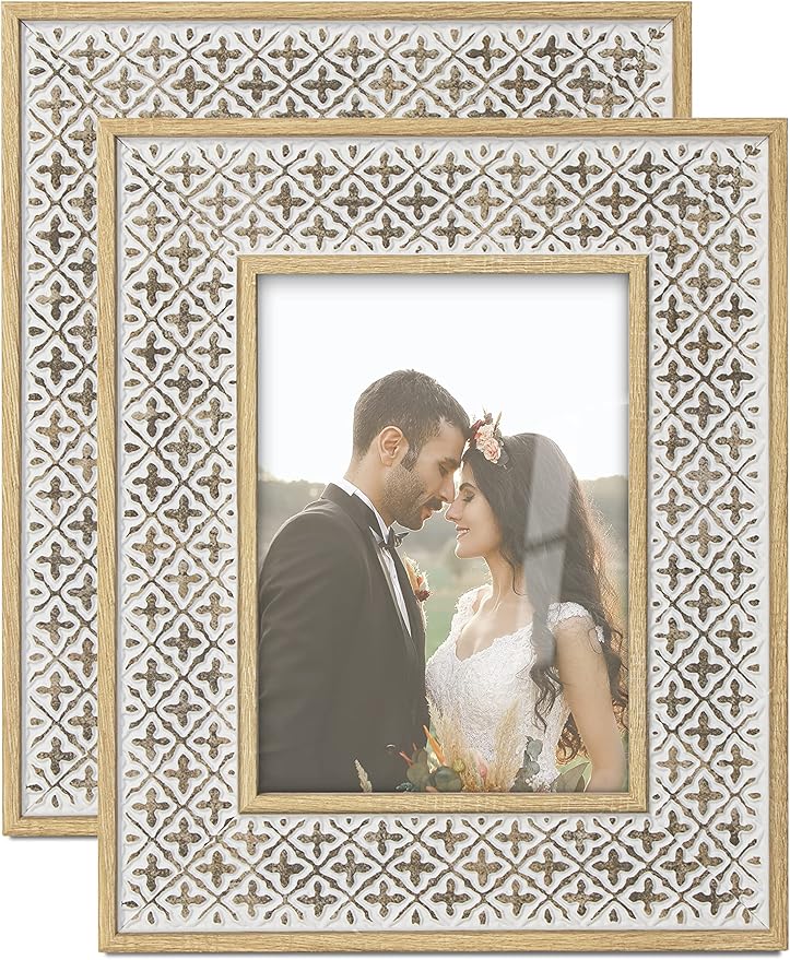 Afuly 5x7 Picture Frames Distressed Moroccan Relief Boho Photo Frame Shabby Chic 3D Cross Pattern Frame for Wall Tabletop, Wedding Birthday Gifts for Mom Grandma, Set of 2