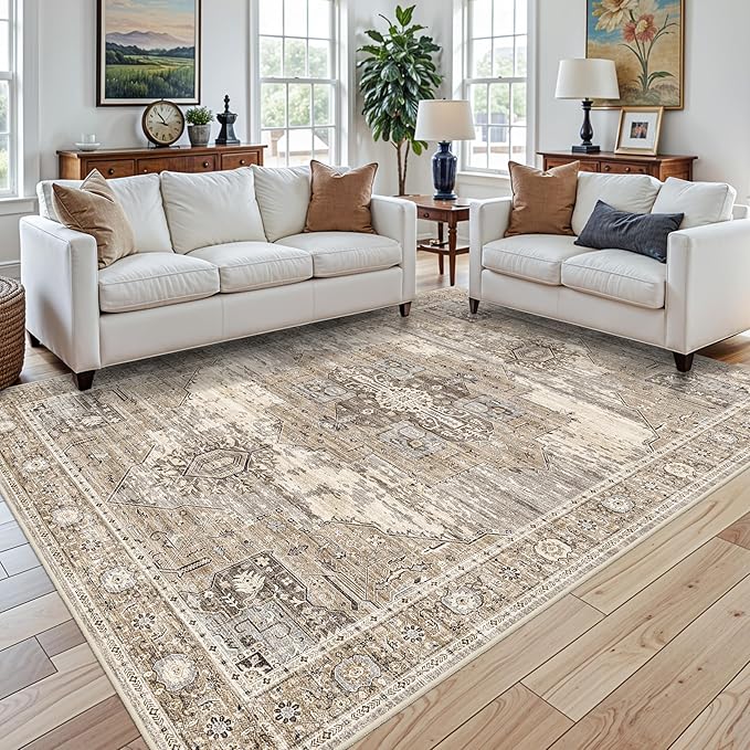 RUUGME Washable 7x9 Area Rug - Vintage Area Rugs with Non Slip Backing Stain Resistant Carpet for Bedroom Dining Room Indoor Soft Carpets Home Decor Decoration Mat 7x9 Beige