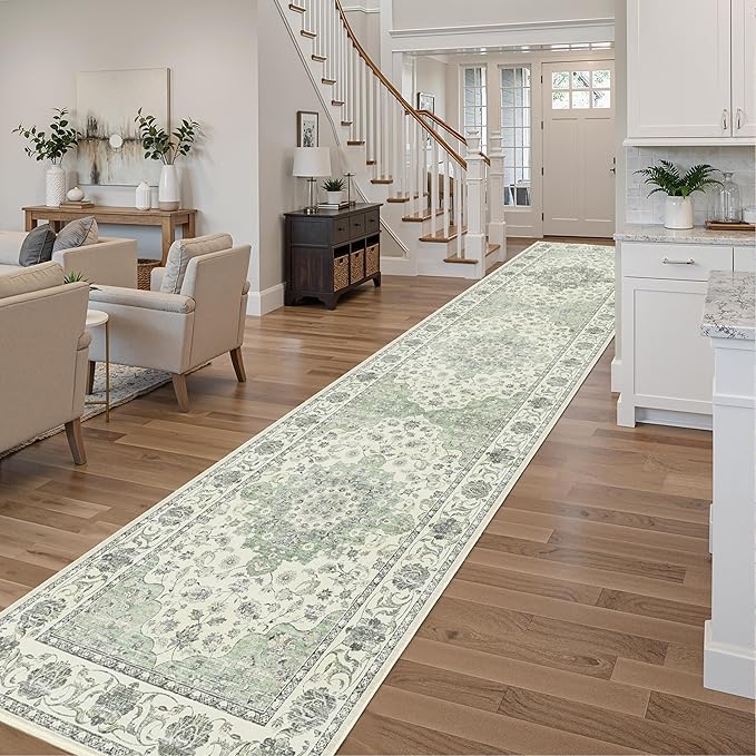 Washable Hallway Runner Rug - 3x12 Floor Carpet Rug Distressed Low Pile Mats Non Slip Soft Rugs for Dining Room with Rubber Backing Bedroom Runner with Vintage Design (Green 3x12)