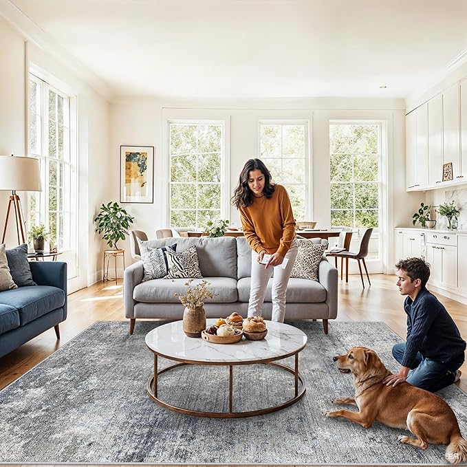 7x9 Washable Living Room Rug - Modern Abstract Neutral Indoor Rug for Dining Room, Kitchen, Bedroom, Non-Slip Low Pile Stain Resistant Carpet（Blue Grey,7x9）