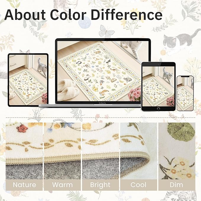 Soalmost Cat 8x10 Area Rugs for Living Room, Machine Washable Animal Floral Vintage Rug Non-Slip Low Pile Soft Throw Large Rugs for Bedroom Dining Room Kitchen Nursery Playroom (8 x 10,Beige)
