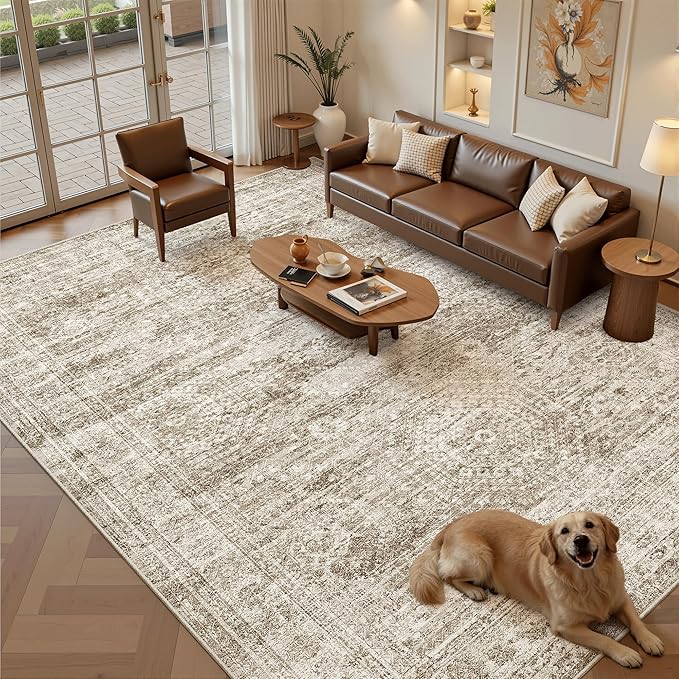 Soalmost Area Rug 10x12 Vintage Washable Living Room Large Carpet Non Slip Bedroom Indoor Office Dining Room Low Pile Thin Rug Brown