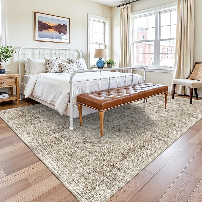 Washable Rugs 7x9 Area Rugs for Living Room - Oriental Rugs Non Slip&Non-Shedding Vintage Carpets Ultra-Soft Stain Resistant Print Rug Indoor for Home Office Decor 7x9 Beige Brown