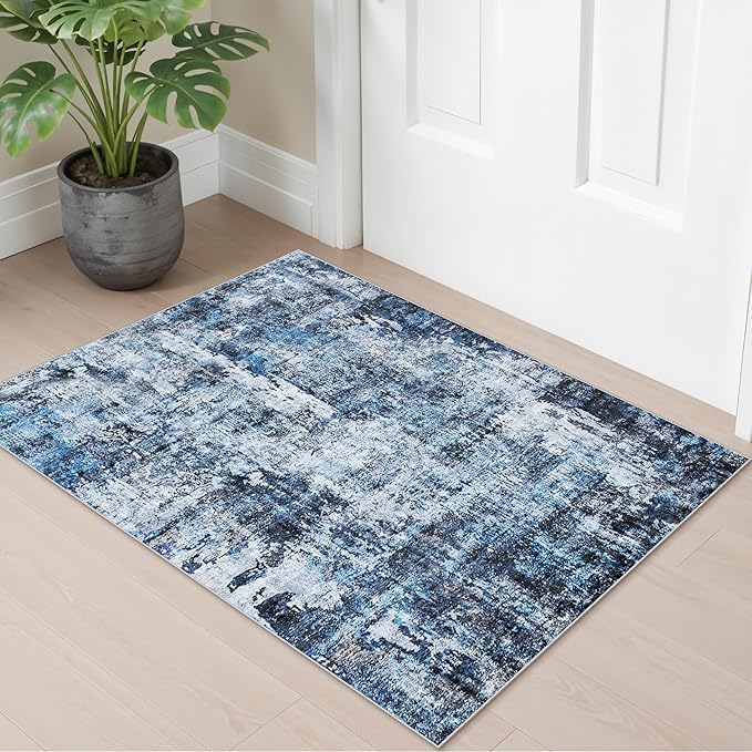 2x3 Washable Non-Slip Area Rug - Soft Low Pile Throw Rug for Kitchen Entryway Bedroom - Modern Indoor Door Mat with Rubber Backing (Blue, 2x3)