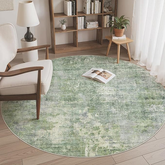 Soalmost 6x6 Green/Ivory Round Rug 6ft Living Room Circle Rug Vintage Round Area Rug Non Slip Indoor Carpet for Dining Room Bedroom