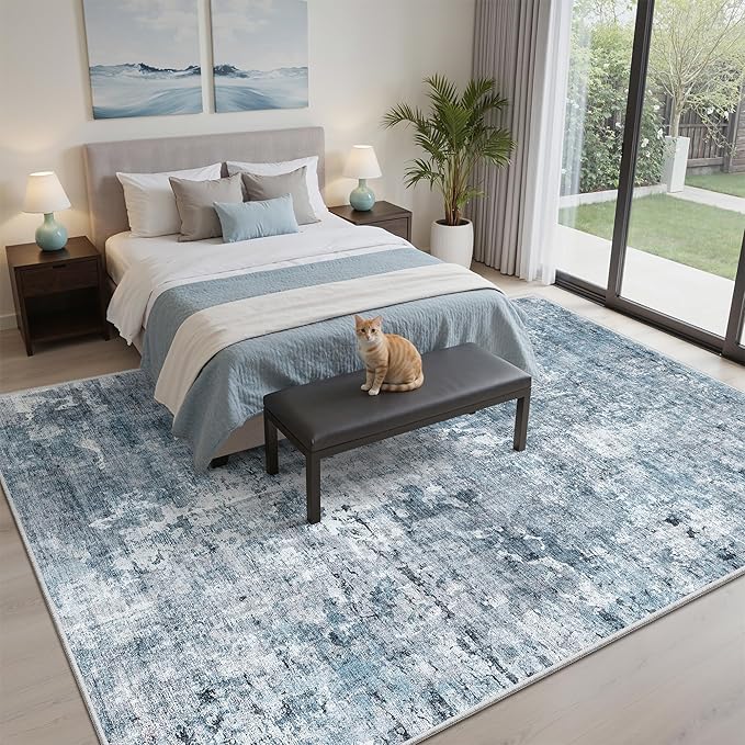 Soalmost 5x8 Area Rugs Blue/Grey Low Pile Indoor Washable Trendy Faded Style Rugs for Bedroom Living Room Dining Room Foldable Non-Slip Thin Print Home Office Mat