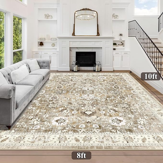 LOKHOM Living Room Area Rug 8x10, Non-Slip Vintage Soft Large Bedroom Rug with Rubber Backing, Low Pile Boho Floral Faux Wool Floor Carpet Distressed Rug for Bedroom Dining Room（Beige Brown）