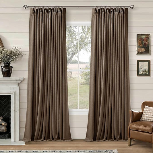 Latte Brown Pleated Linen Blackout Curtains 90 Inches Long for Bedroom Living Room Pinch Pleat Black Out Thermal Insulated Room Darkening Ring Hooks Room Darkening Drapes Curtains with Liner 40x90