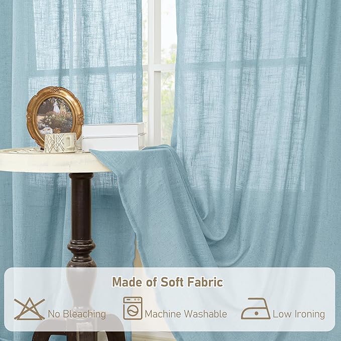 LAMIT Linen Curtains 48 Inch Length 2 Panels, Light Filtering Panels Back Tab and Rod Pocket Country Decor Drapes for Kitchen/Window/Loft Room/Bedroom, 34 x 48 Inch, Stone Blue