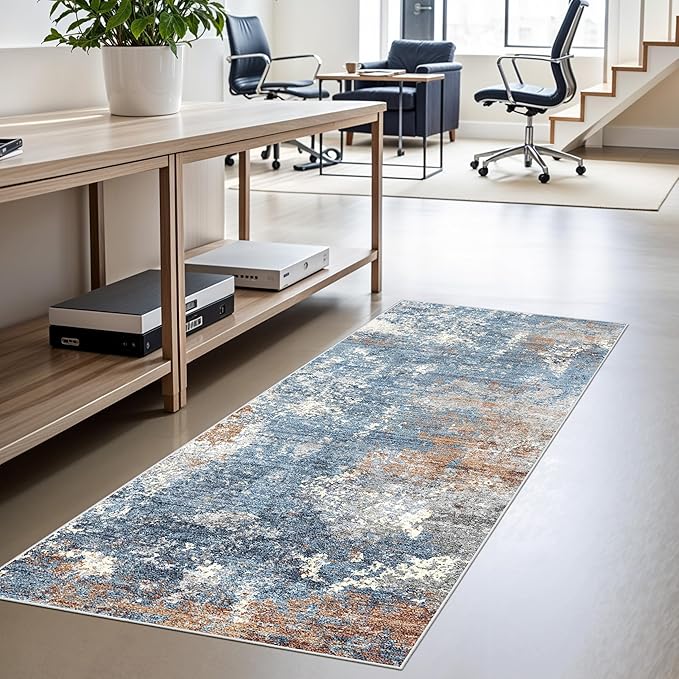 2x4 Runner Rug Washable Non-Slip – Small Throw Rug for Kitchen Floor, Bedroom, Entryway, Bathroom, Bedside – Modern Abstract Neutral Low-Pile Thin Indoor Door Mat（Blue Rust,2x4）