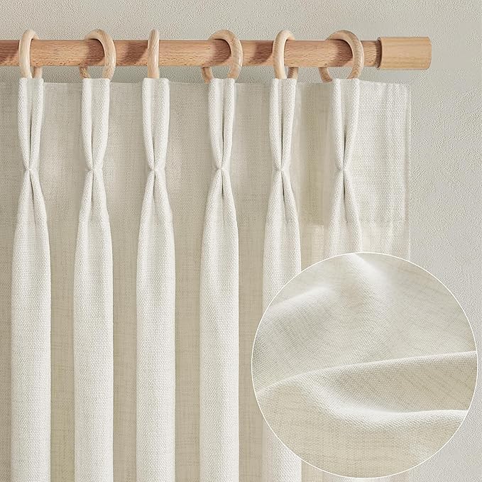 Cream Beige Memory Trained Pinch Pleated Curtains 96 Inches Long for Bedroom, Light Filtering Linen Blend Sheer Dining Room Boho Curtains 2 Panels Set with Hooks Rings Privacy Window Drapes 40x96 Inch