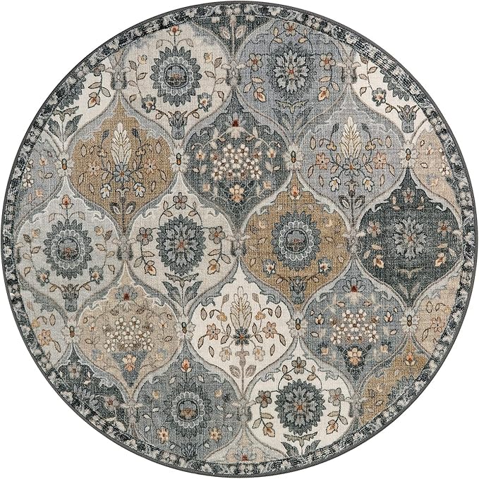Lahome Moroccan Trellis Round Area Rugs, Washable Small Round Rug 3ft Non-Slip, Soft Vintage Ultra-Thin Circle Carpet for Bedroom Entryway Kitchen Laundry Bathroom Elise, Grey