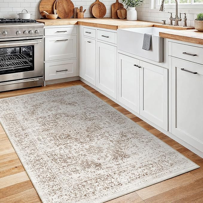 Washable 3x5 Area Rug for Entryway - Kitchen Non Slip Low-Pile Rugs Vintage Soft Thin Carpet Small Stain Resistant Mat for Bedroom Entrance Bathroom Floor Decor (Cream/Camel)
