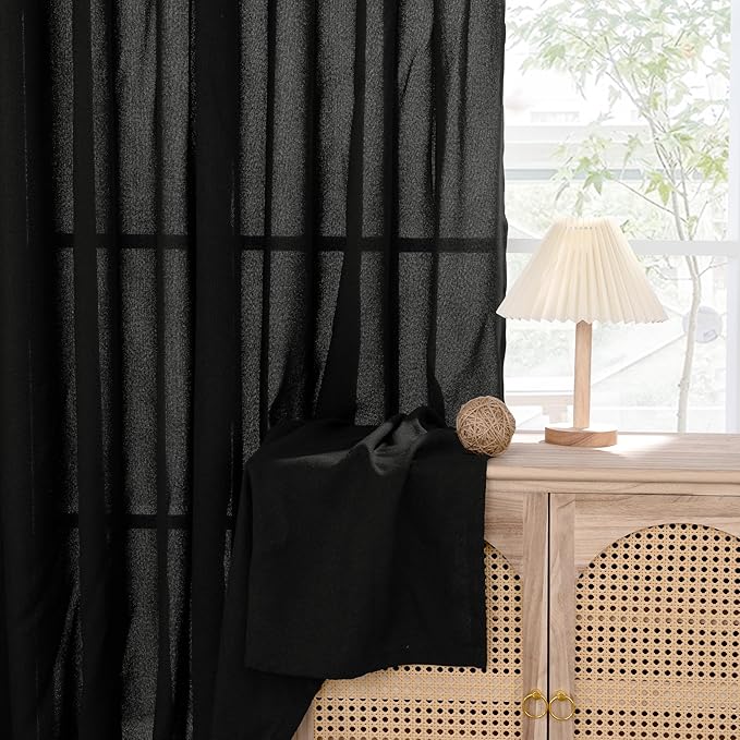 YoungsTex Black Linen Curtains 48 Inch Length for Short Window, Light Filtering Semi Sheer Drapes with Bronze Grommet Privacy for Bathroom Living Room, 42 x 48 Inch, 2 Panels