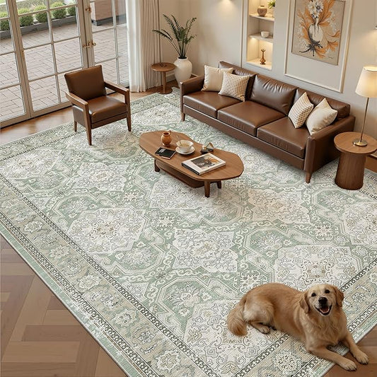 Soalmost 8x10 Area Rugs, Washable Rugs, Large Stain Resistant Area Rug for Living Room Bedroom Dining Room, Vintage Farmhouse Rug Green