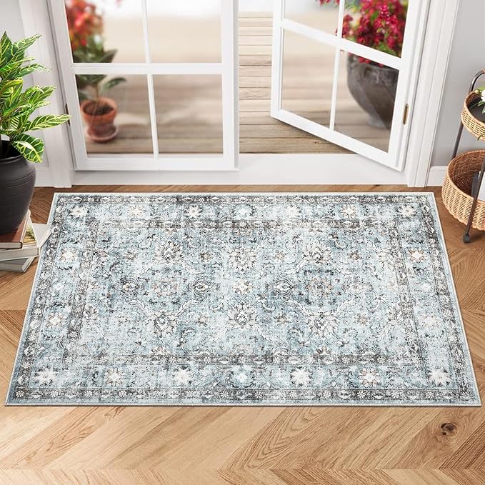GarveeHome Door Mat 2x3 Small Washable Rugs for Entryway, Low Pile Non Slip Vintage Floral Area Rug, Stain & Fade Resistant, Distressed Oriental Soft Carpet for Home Decor, Grey and Blue