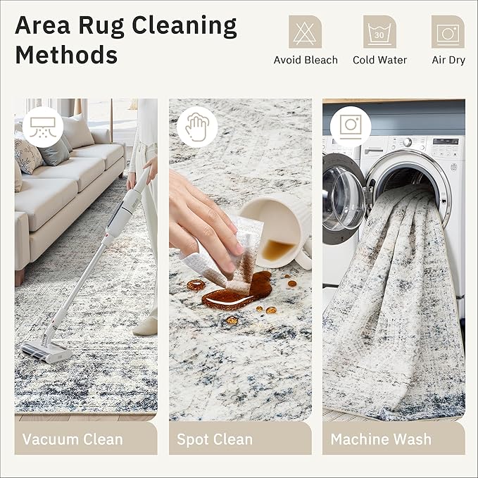 Soalmost 10x14 Area Rugs for Living Room, Non Slip Machine Washable Vintage Rugs, Low Pile Lightweight Large Rug for Bedroom, Dining Room, Home Office Blue Ivory