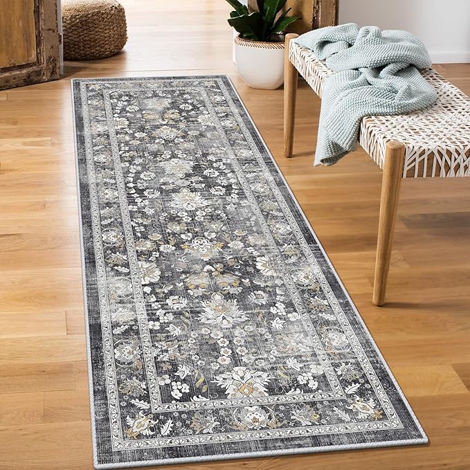 LOKHOM Washable Runner Rug, 2x6 Non-Slip Vintage Kitchen Rug with Rubber Backing, Boho Floral Soft Faux Wool Hallway Runner Rug Carpet Runner for Laundry Entryway Bedroom (Charcoal Grey)
