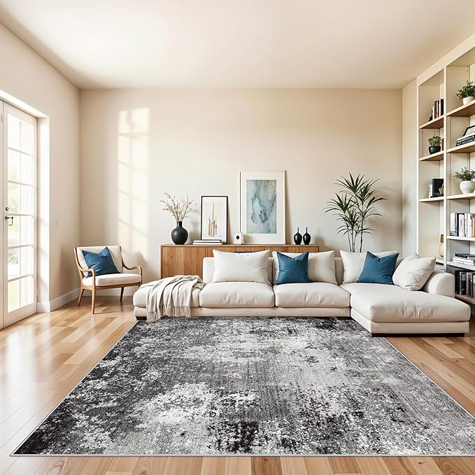 8x8 Square Living Room Area Rug – Washable Modern Neutral Abstract Indoor Rug for Bedroom, Dining Room, Kitchen – Non-Slip Soft Low-Pile Floor Carpet (Black Grey,8x8)