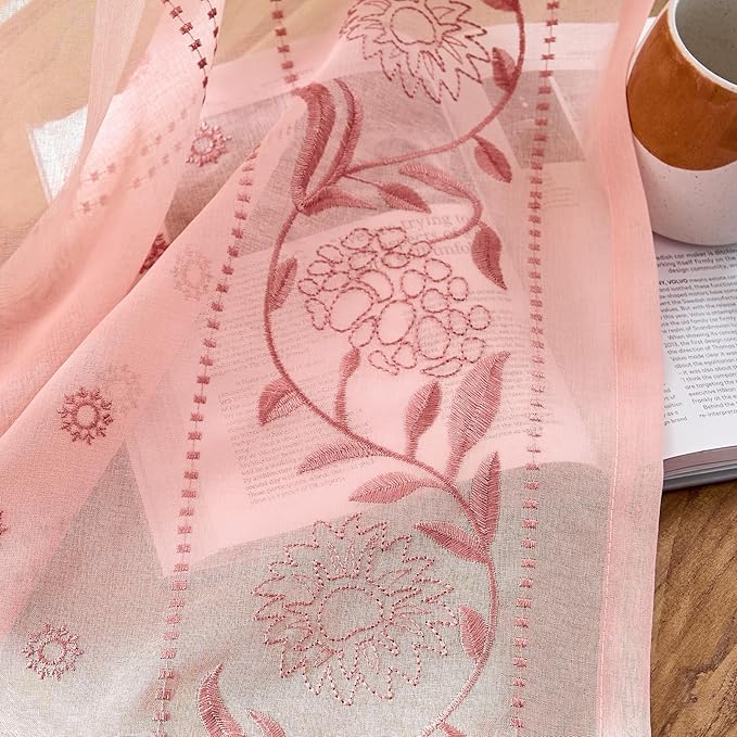 jinchan Winslow Pink Sheer Curtains 84 Inch for Bedroom Living Room Embroidered Bordered Floral Nursery Curtains for Girls Room Dorm Light Filtering, 2 Panels, 50W x 84L