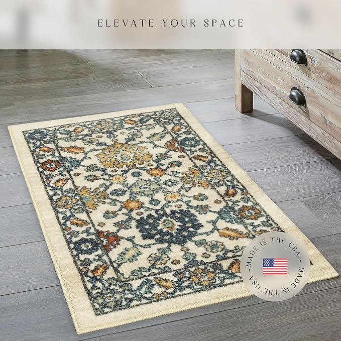 Maples Rugs Benton Oriental Area Rugs – Made in USA – Washable, Non-Slip, Low Profile Indoor Rug for Entryway, Foyer, Kitchen, and Bathroom, 20" x 34", Beige