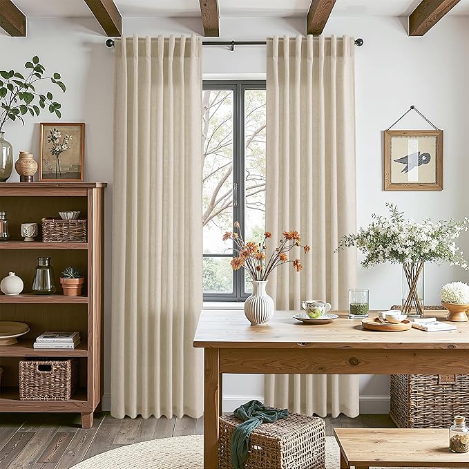 Eggshell Beige Linen 112 Inch Curtains for Living Room Light Filtering Semi Sheer Curtain Back Tab Rustic Farmhouse Decor Burlap Elegant Drapes Floor to Ceiling High Window for Bedroom 52x112,2 Panels