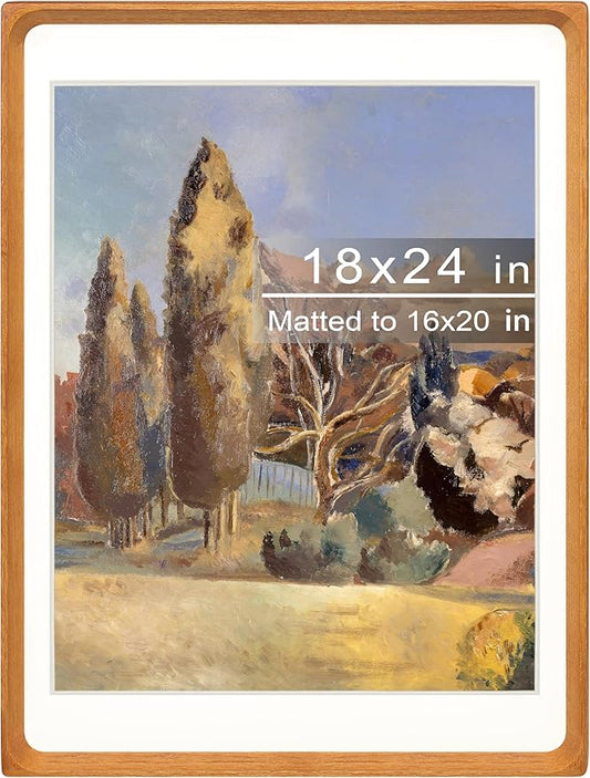 18x24 Picture Frame with Mat for 16x20, Natural Teak Wood Handcrafted Rounded Corner with Plexiglass, Vertical or Horizontal Display Photo Gallery Poster Wall Mounting Frame