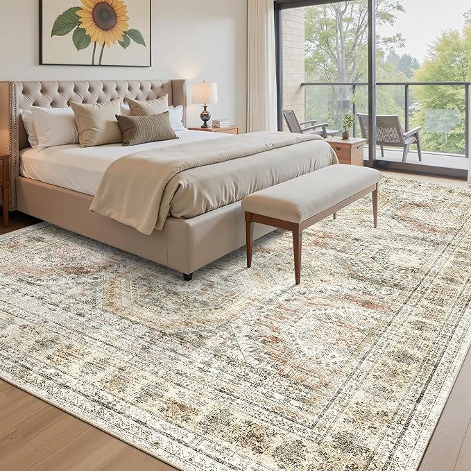 Soalmost 10x14 Area Rugs for Living Room, Non Slip Machine Washable Vintage Rugs, Low Pile Lightweight Large Rug for Bedroom, Dining Room, Home Office Brown Pink