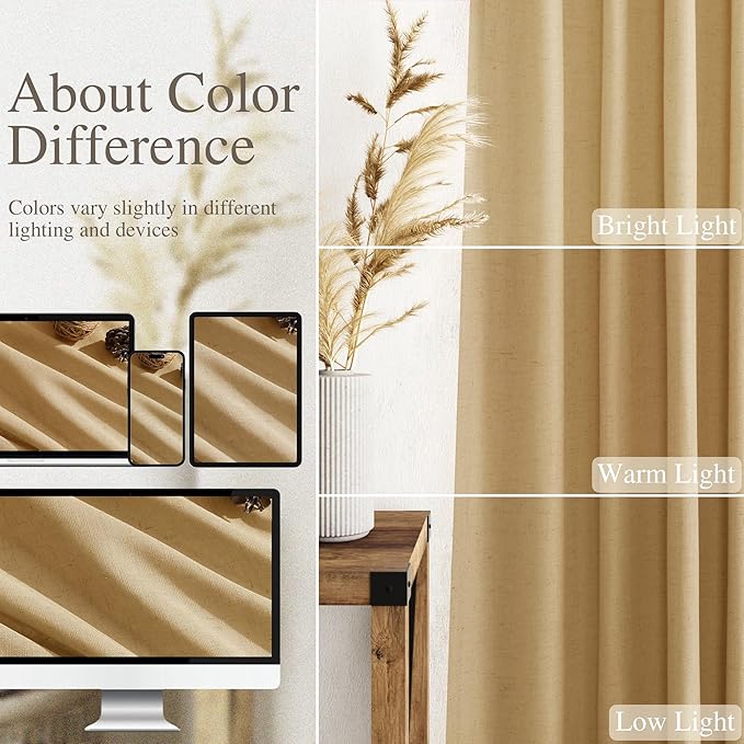 Gold Yellow Linen Curtains for Living Room 63 Inches Long 2 Panel Set Light Filtering Linen Drapes for Kitchen Windows Rod Pocket Back Tab Short See Through Curtain Country Farmhouse Decor 52x63