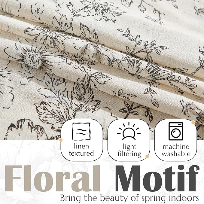 jinchan Polyester Blend Valance Curtain Farmhouse Window Decor Floral Print for Kitchen Living Room Double Layer Light Filtering Valance 16 Inches Window Treatment 1 Panel Rod Pocket Black on Beige