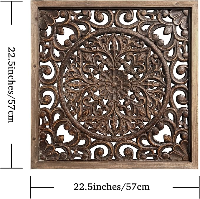 XIAOAIKA Boho Carved Wood Wall Sculpture, Intricate Floral Mandala Design with Distressed Brown Finish, Vintage Farmhouse Wall Art Panel with Solid Wood Frame for Bedroom Entryway (22.5" x 22.5")