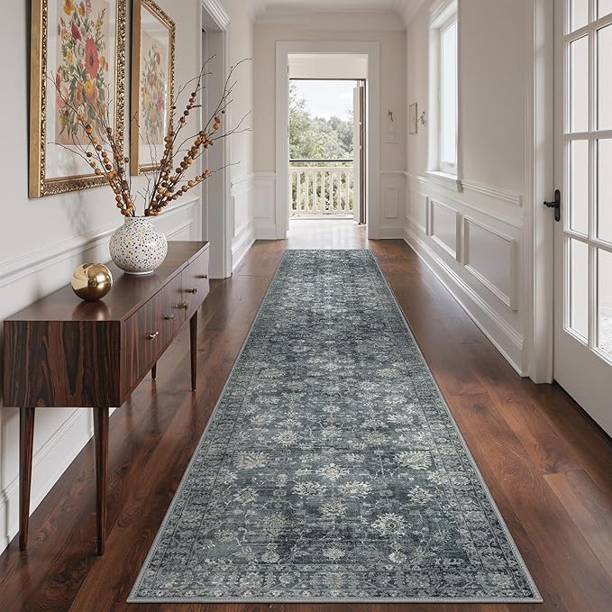GENIMO Runner Rug for Hallways Machine Washable, 2x12 Non Slip Boho Vintage Lightweight Washable Runners, Thin Floor Rugs for Entryway Hallway Bathroom Laundry Room Corridor, Ashen Taupe