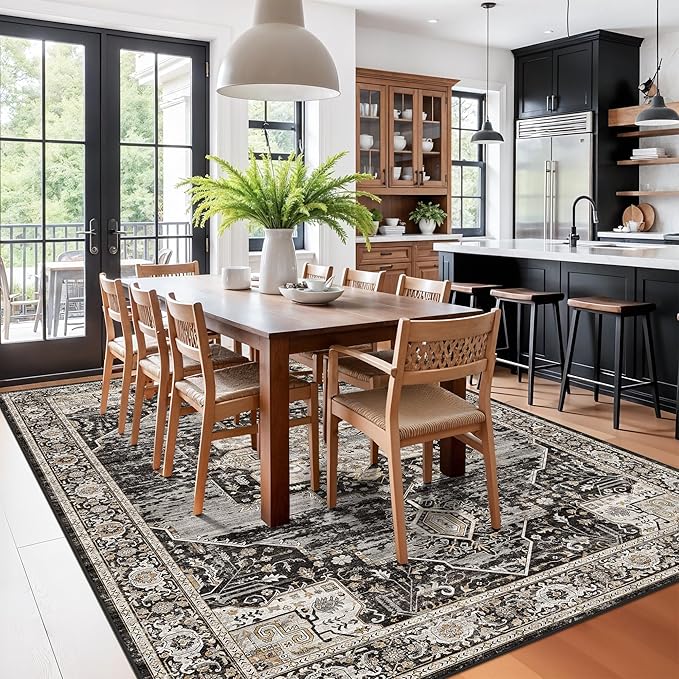 RUUGME Living Room 7x10 Area Rug : Washable Bedroom Rugs with Non Slip Rubber Backing Indoor Soft Stain Resistant Carpets for Dining Room Distressed Floor Decor Mat for Office Nursery 7x10 Black