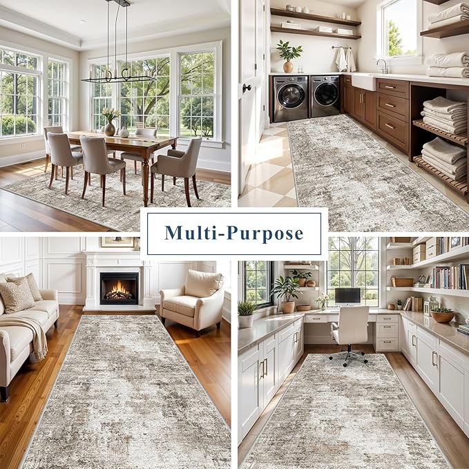 4x10 ft Extra Wide Hallway Rug – Non-Slip Washable Rubber-Backed Large Carpet Runner for Kitchen, Entryway | Modern Abstract, Low-Pile Thin Floor Mat for Bedroom Living Room Dining Room (Beige,Grey)