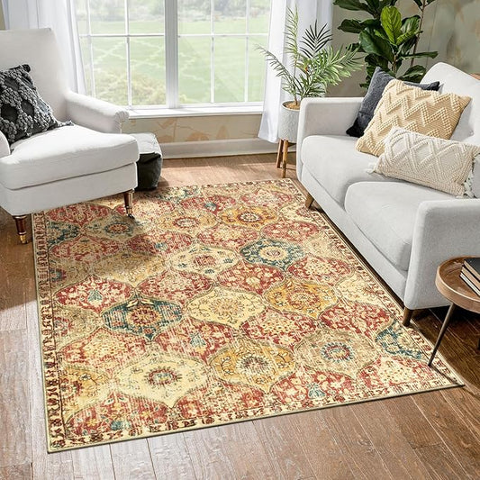 Lahome Moroccan Trellis Washable Small Area Rug, 3x5 Area Rug for Bedroom Living Room, Non-Slip Oriental Accent Throw Carpet for Kitchen Office Entryway Bathroom Office Elise, Red/Orange