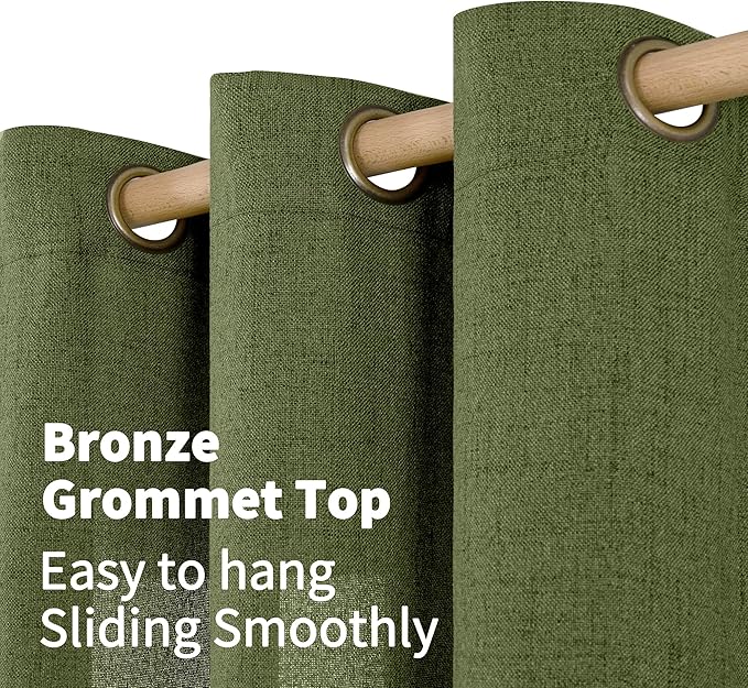 YoungsTex Olive Linen Curtains 95 Inches Long 2 Panels for Living Room, Dark Green Semi Sheer Drapes with Bronze Grommet Window Treatments Floor Length for Bedroom Dining, 52 X 95 Inch