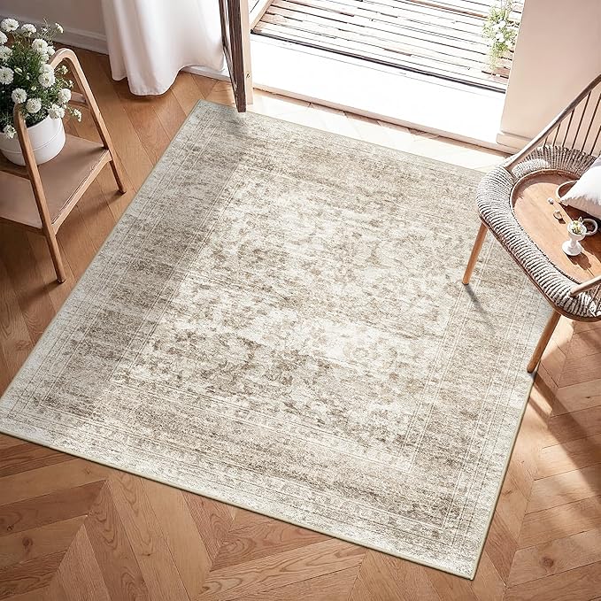 RUUGME Washable 3x3 Rugs Square - Boho Low Pile Soft Area Rugs for Entryway Kitchen Bathroom Bedroom Stain Resistant Ultra Thin Carpets with Non Slip Backing Indoor Home Decor 3x3 Beige Brown