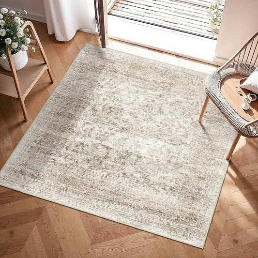 RUUGME Washable 3x3 Rugs Square - Boho Low Pile Soft Area Rugs for Entryway Kitchen Bathroom Bedroom Stain Resistant Ultra Thin Carpets with Non Slip Backing Indoor Home Decor 3x3 Beige Brown