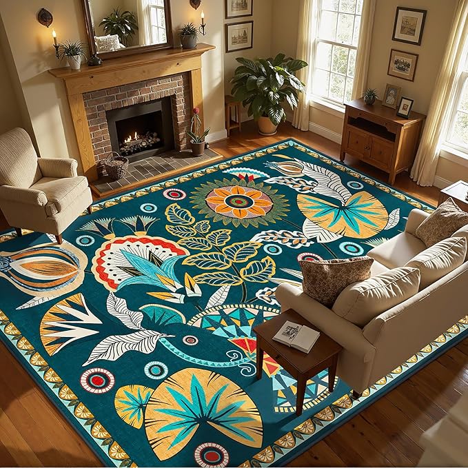 Joydeco Egypt Floral Boho Large Area Rugs for Living Room Nursery, Washable Dark Green Bedroom Rug 8x10 Under Bed, Vintage Non Slip Indoor Throw Carpet for Playroom Dining Room Dorm