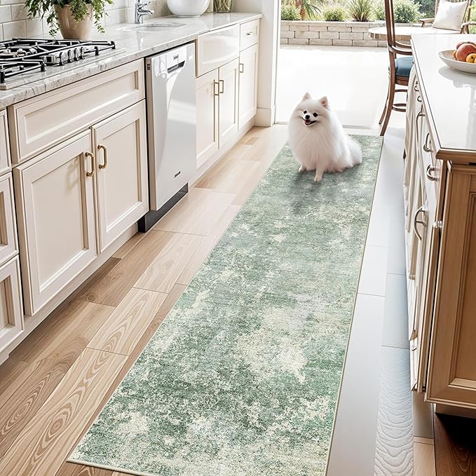 2x8 Washable Hallway Runner Rug – Non-Slip Modern Abstract Neutral Low-Pile Stain-Resistant Carpet Runner for Kitchen Entryway Bedroom Bathroom (Sage Green,2x8)
