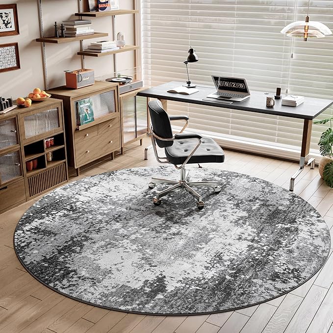 Round Area Rugs 6ft Washable Grey Circle Rug for Entryway Kitchen, Non Slip Soft Low Pile Stain Resistant, Boho Circular Carpet for Living Room Bedroom Dorm Dining Room Table, Abstract Gray