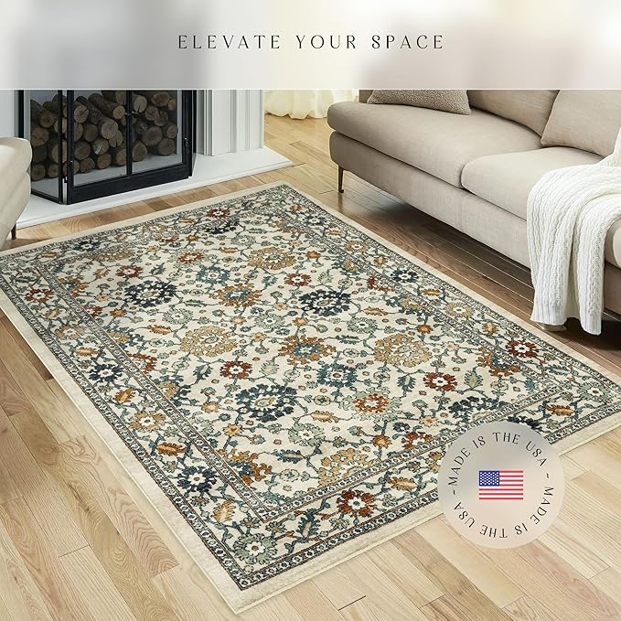 Maples Rugs Benton Oriental Area Rugs – Made in USA – Low Pile, Non Slip Pet–Friendly Mat for Bedroom, Office, Living & Dining Room, 5' x 7', Beige