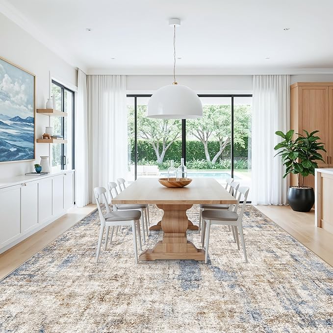 12x14 Area Rug for Living Room – Washable Non-Slip Soft Extra Large Carpet for Bedroom Dining Room Family Room, Modern Neutral Abstract Low Pile Thin Indoor Big Rug（Blue Brown）