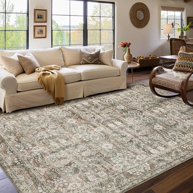 GarveeHome Washable Rugs for Living Room 10x13 Vintage Neutral Area Rug, Ultra Soft Low Pile Oriental Floral Carpet, Non Slip & Stain Resistant Retro Foldable Floor Mats for Home Decor, Camel