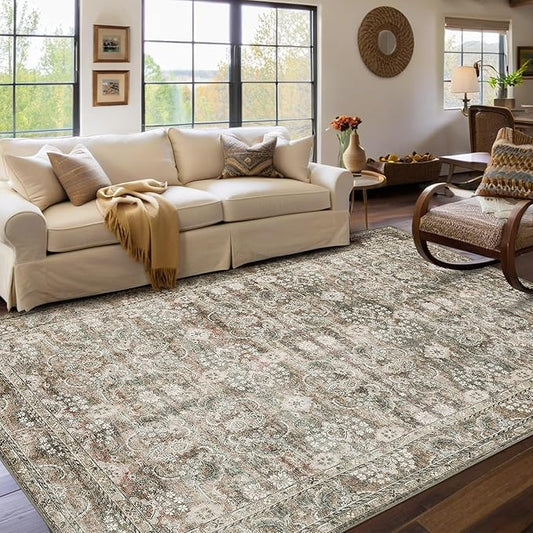 GarveeHome Washable Rugs for Living Room 10x13 Vintage Neutral Area Rug, Ultra Soft Low Pile Oriental Floral Carpet, Non Slip & Stain Resistant Retro Foldable Floor Mats for Home Decor, Camel