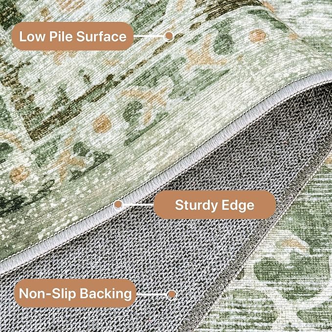 GENIMO Runner Rug for Hallways Machine Washable, 2'6''x7 Non Slip Boho Vintage Lightweight Washable Runners, Thin Floor Rugs for Entryway Hallway Bathroom Laundry Room Corridor, Light Sage